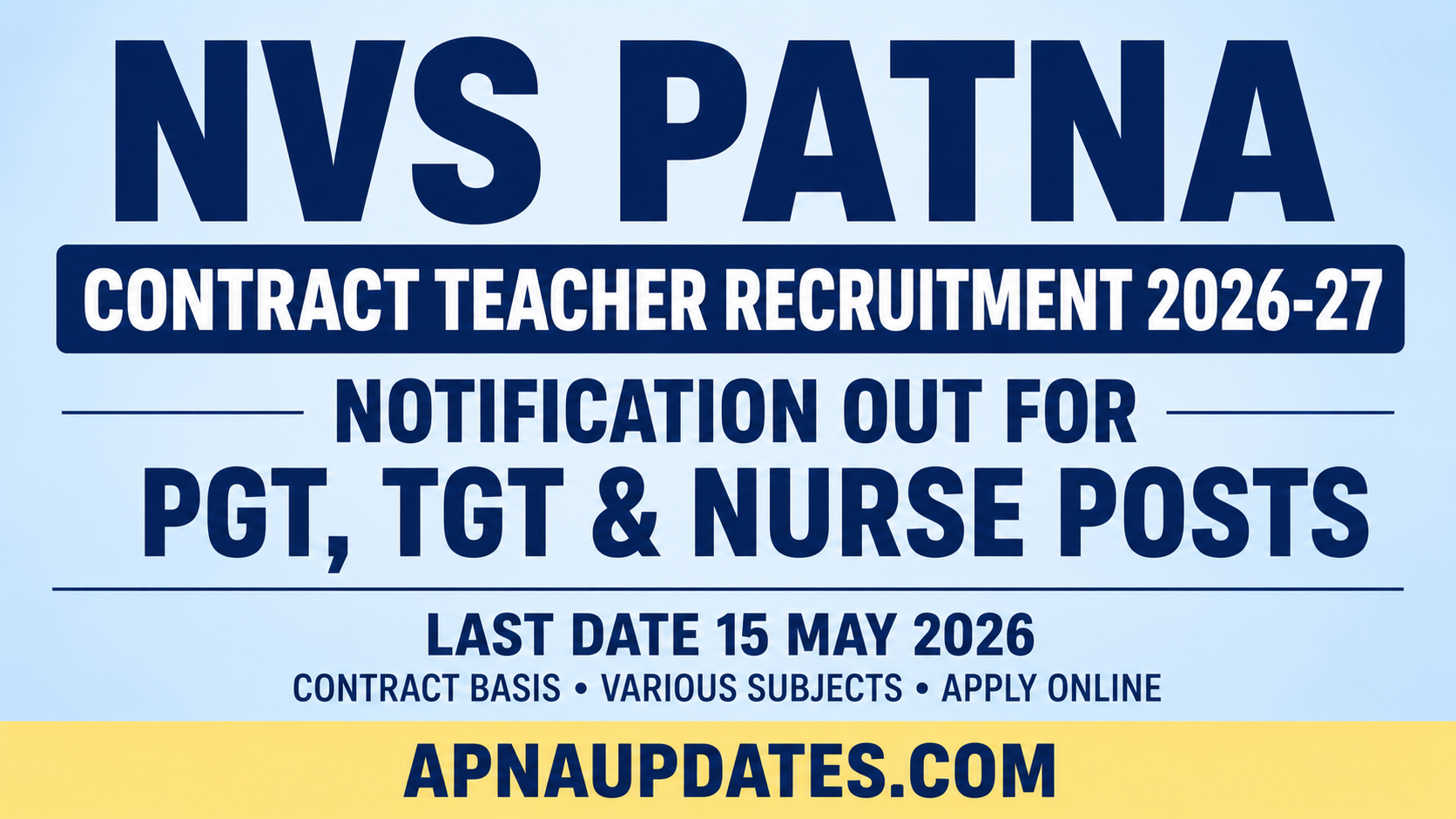 NVS Patna Contract Teacher Recruitment 2026-27 Notification Out for PGT, TGT & Nurse Posts