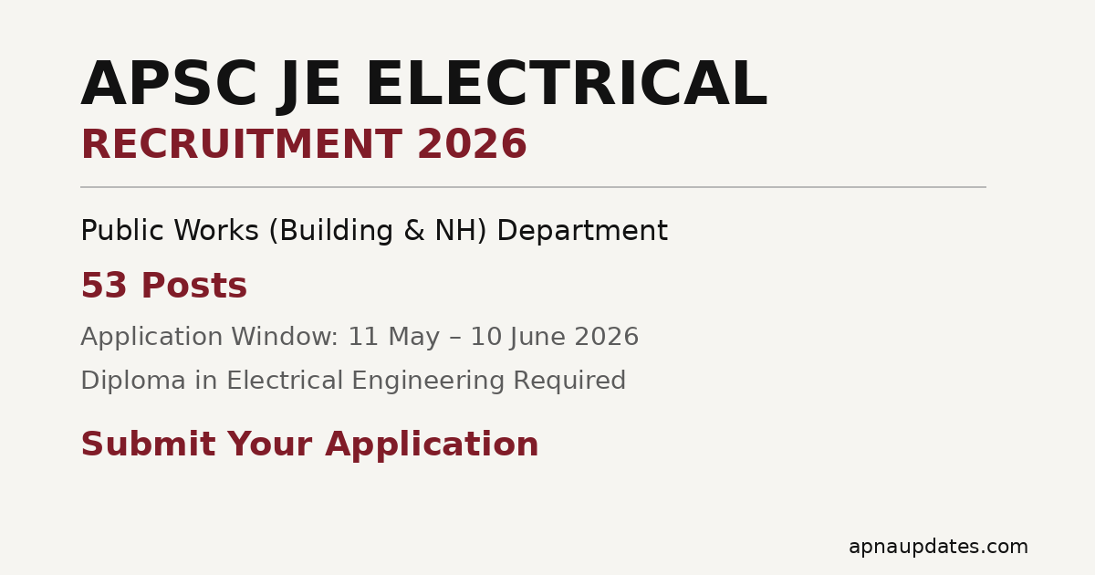 APSC Junior Engineer (Electrical) Recruitment 2026: 53 Vacancies Under PWD, Apply by June 10