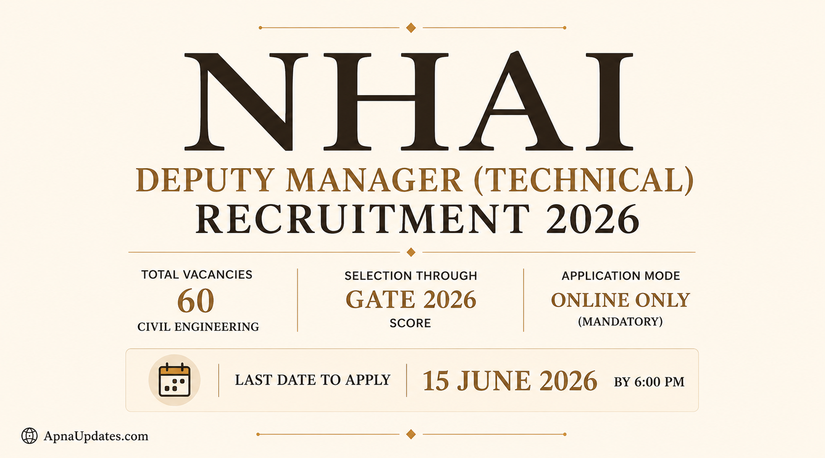 NHAI Deputy Manager Technical Recruitment 2026 - 60 Civil Engineering Vacancies Through GATE 2026 Score
