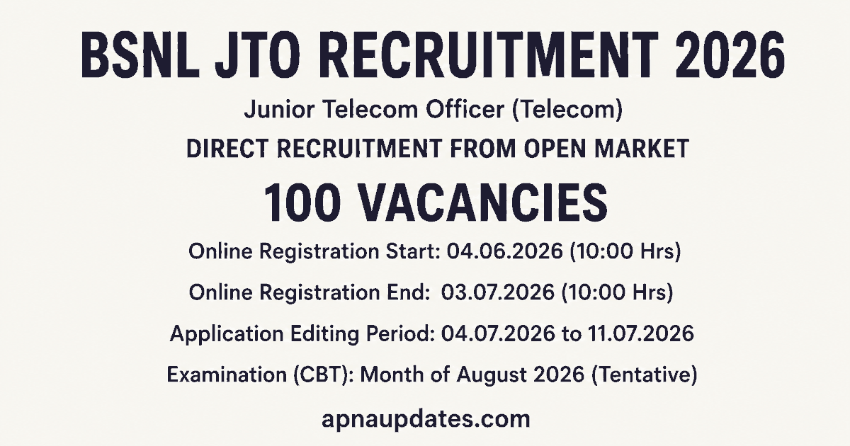 BSNL JTO 2026 Notification Out: 100 Vacancies Across 21 Circles, CBT in August. Registration Now Open [Application Correction Window Active]*