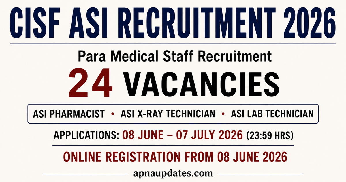 CISF Para Medical Staff Recruitment 2026: 24 ASI Vacancies for Pharmacist, X-Ray Technician and Lab Technician, Online Applications Open from June 8