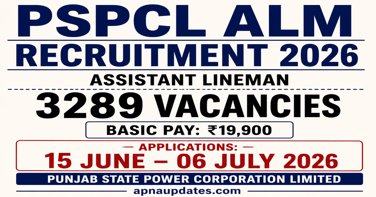 PSPCL Assistant Lineman Recruitment 2026: 3,289 ALM Posts, Applications from June 15