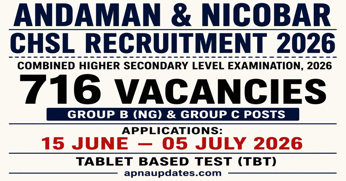 Andaman Nicobar Combined Higher Secondary Level Recruitment 2026: 716 Group B and C Vacancies, Online Applications Open June 15, Last Date July 5