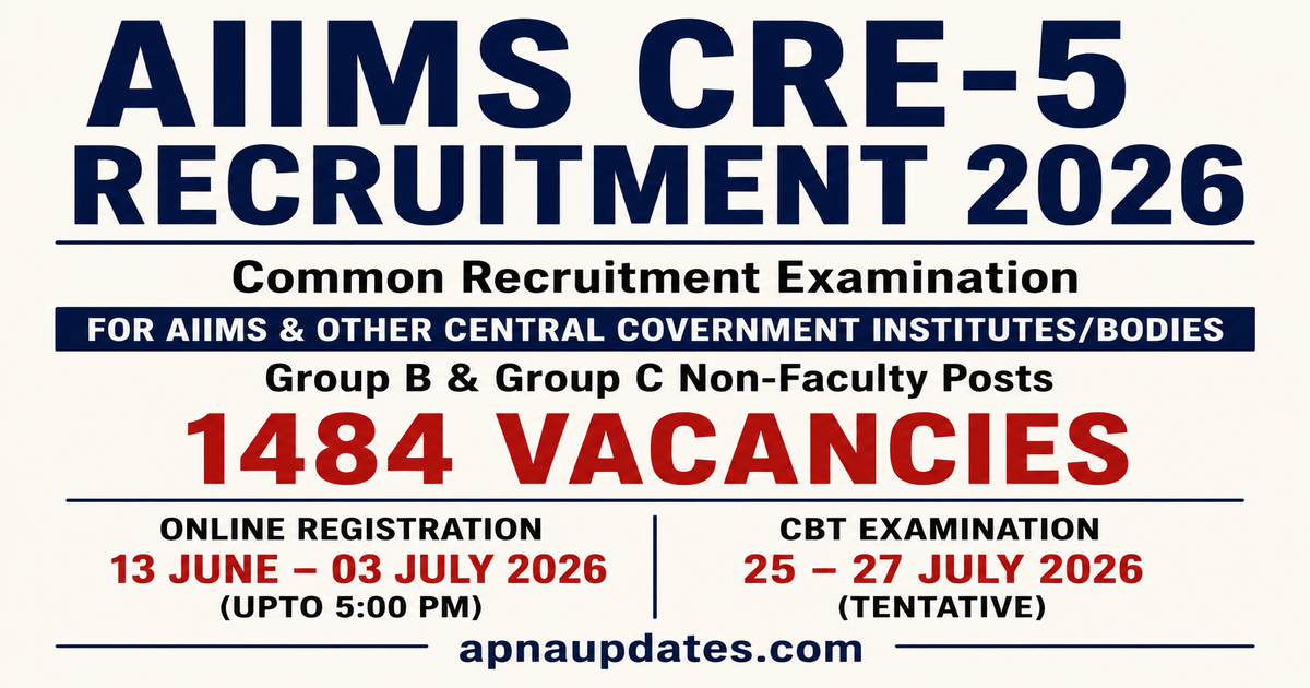 AIIMS CRE 5 Recruitment 2026: 1484 Group B and C Posts, Apply Online from June 13 to July 03