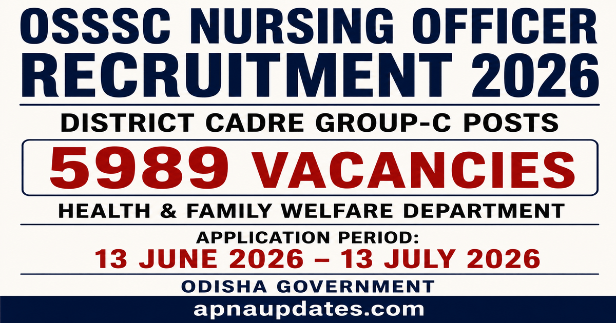 OSSSC Nursing Officer Recruitment 2026: Apply for 5989 District Cadre Group-C Posts Across All 30 Odisha Districts, GNM and BSc Nursing Eligible, Last Date July 13