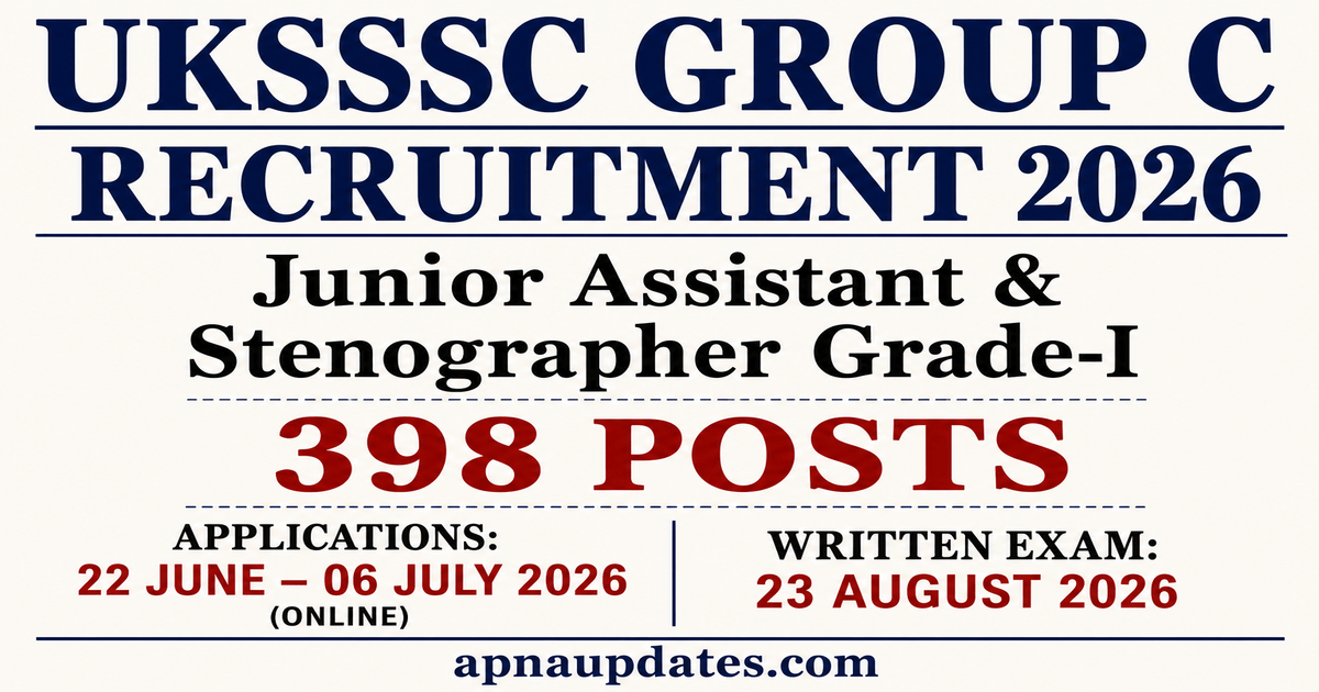 UKSSSC Junior Assistant, Stenographer Grade-1 Recruitment 2026: 398 Vacancies in Civil and Family Courts, Apply Online from 22 June to 6 July 2026