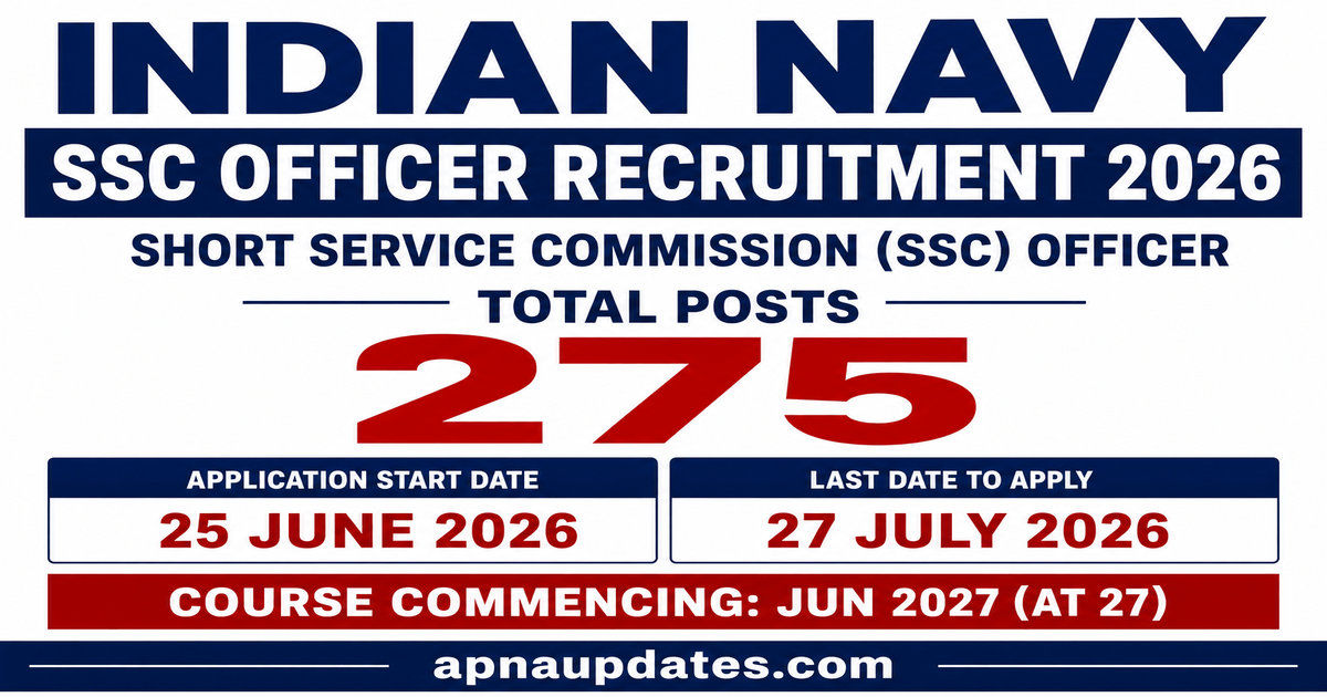 Indian Navy SSC Officer Recruitment 2026: 275 Vacancies Across 12 Branches, Last Date 27 July