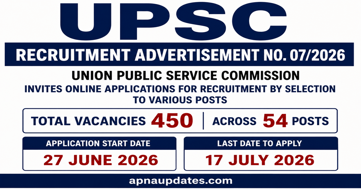 UPSC Recruitment Advertisement No. 07/2026: 450 Vacancies Across 54 Posts Including Drug Inspector, Legal Officer, Aeronautical Officer and More, Apply by 17 July