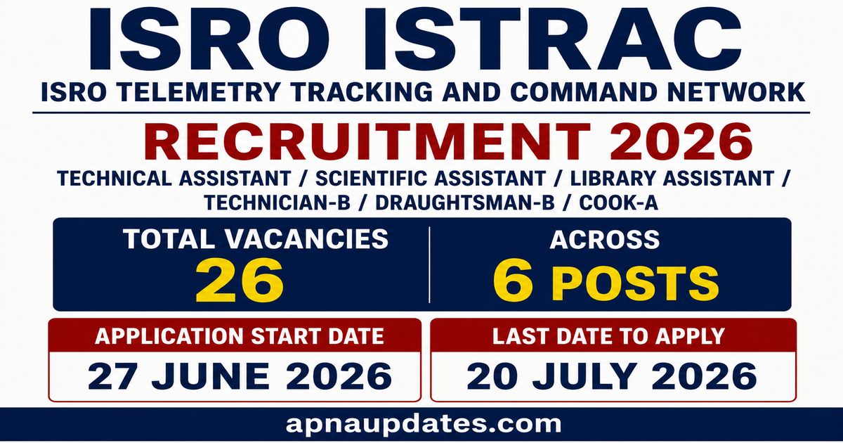 ISRO ISTRAC Recruitment 2026 for 26 Posts: Technical Assistant, Scientific Assistant, Technician-B and More, Apply Online by July 20