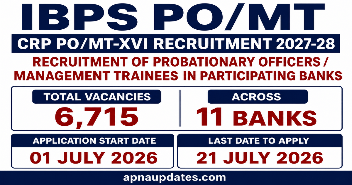 IBPS Probationary Officer / Management Trainee Recruitment 2026: Notification Out for 6715 Posts, Apply Online by July 21