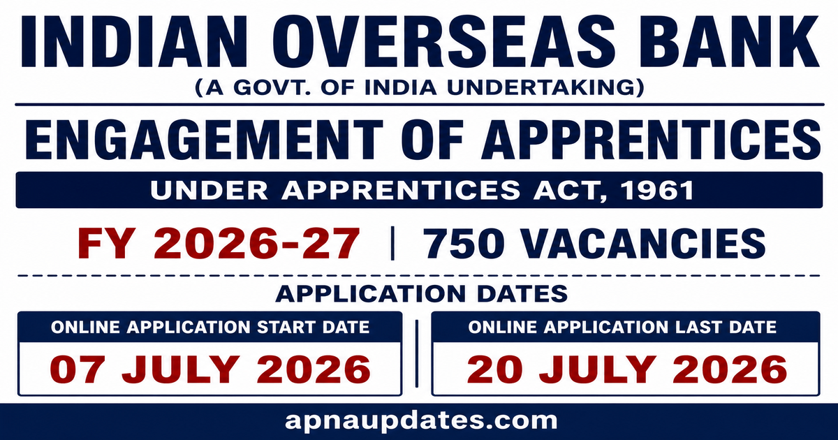 Indian Overseas Bank Apprentice Recruitment 2026: 750 Seats Across India, Apply by July 20
