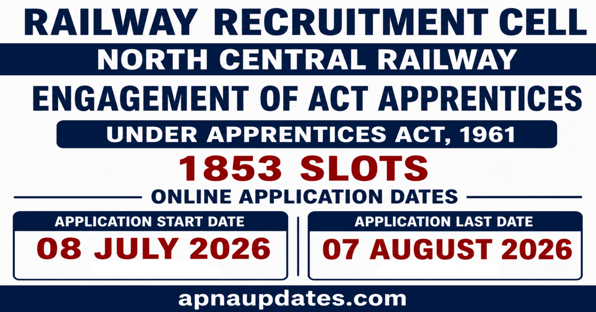 RRC North Central Railway Act Apprentice Recruitment 2026: Apply Online for 1853 Posts Before 7 August