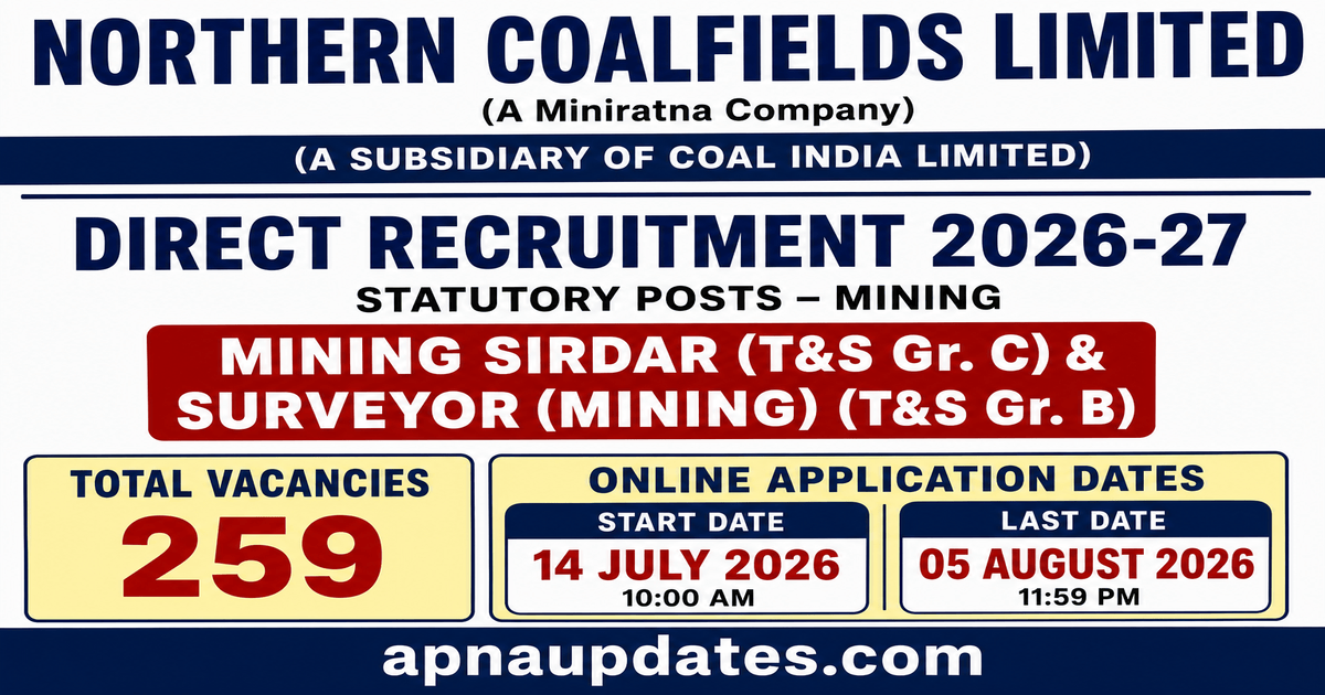 Northern Coalfields Limited (NCL) Recruitment 2026: 259 Mining Sirdar and Surveyor Posts, Apply from July 14 to August 5.