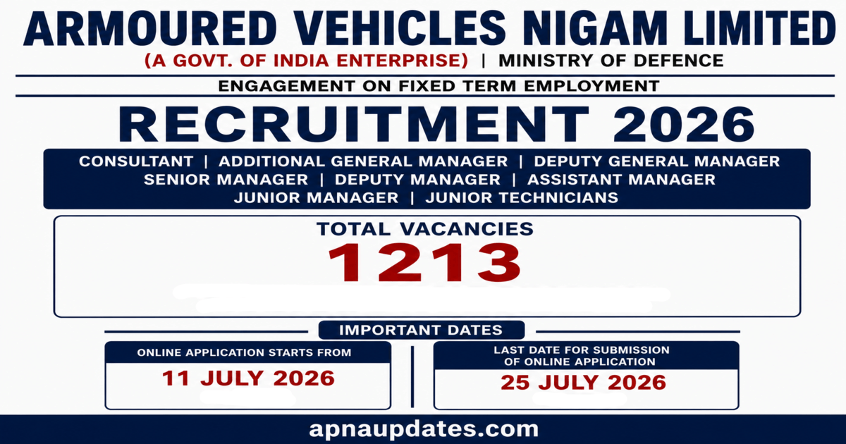 Armoured Vehicles Nigam Limited (AVNL) Recruitment 2026: 1213 Vacancies for Executive & Non Executive posts, Apply by July 25.