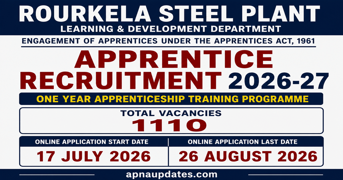 SAIL Rourkela Steel Plant Apprentice Recruitment 2026: 1110 Vacancies, Apply Online by 26.