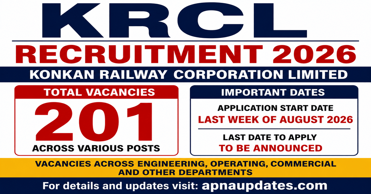 KRCL Recruitment 2026: Apply for 201 Junior Engineer, ALP, Station Master and Other Posts